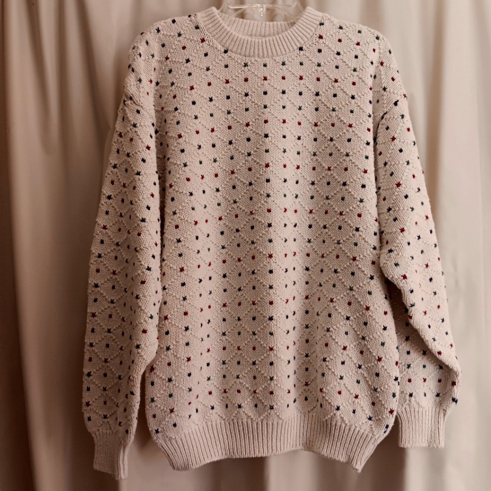 Vintage 90's Men's American Spirit Cream Sweater with Multicolor Dots Size M